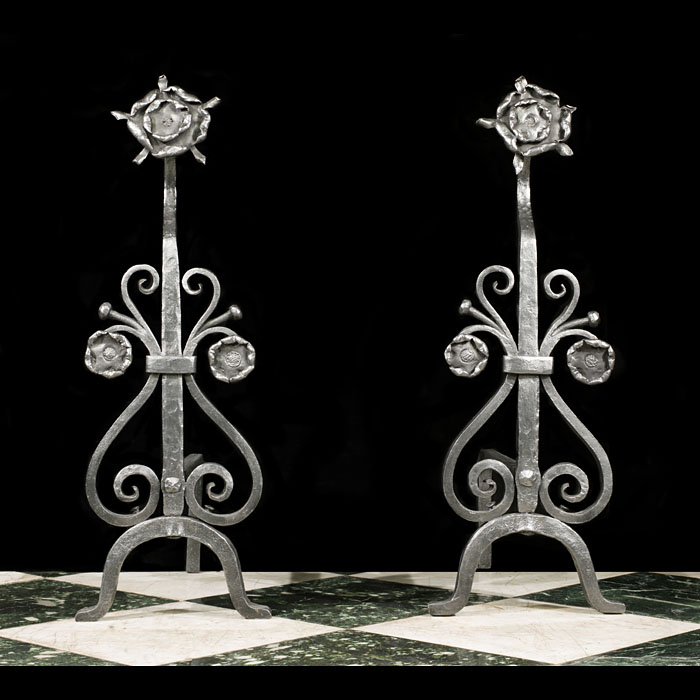 Pair of Arts & Crafts Wrought Iron Andirons