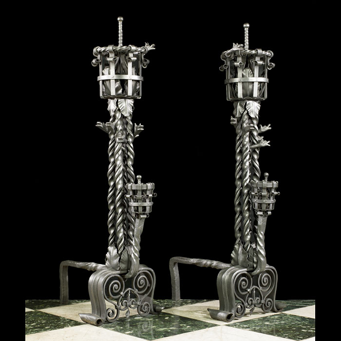 A Pair Gothic Revival Wrought Iron Andirons 