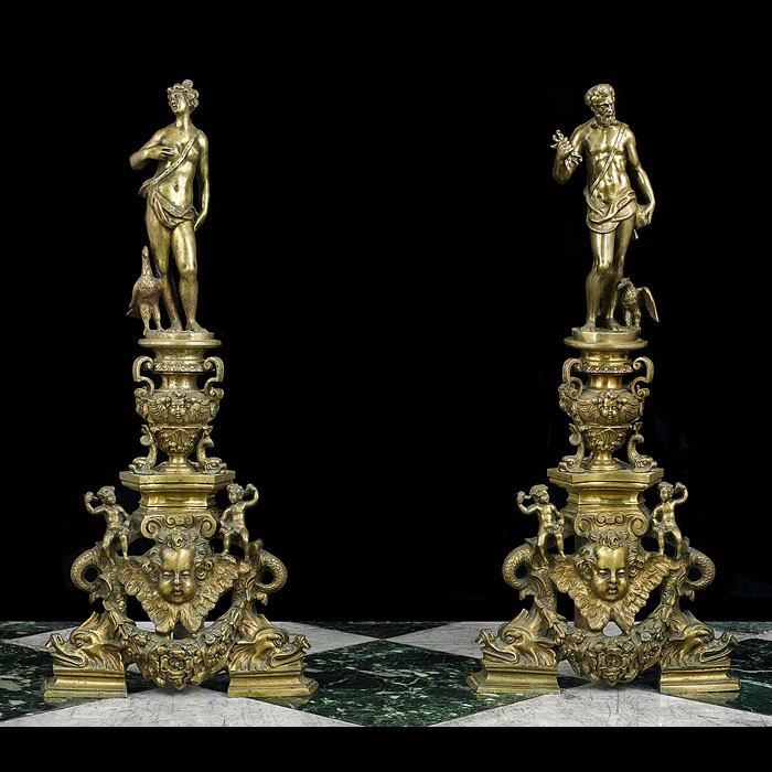 Jupiter and Juno Italian Renaissance style brass andirons    