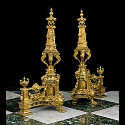 Ornate Pair of Tall French Gilt Brass Chenet