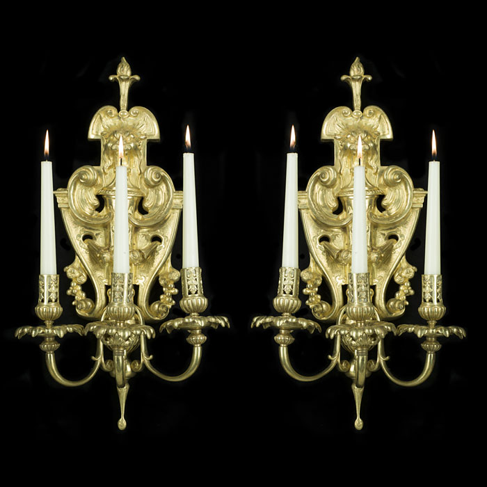 A Pair of Three Branch Bronze Wall Lights