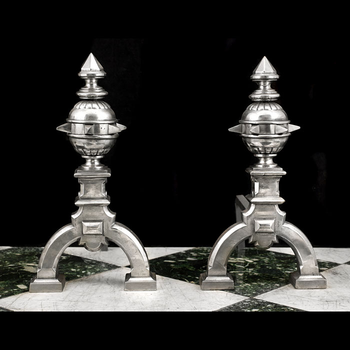  Antique Pair of Polished Steel Andirons