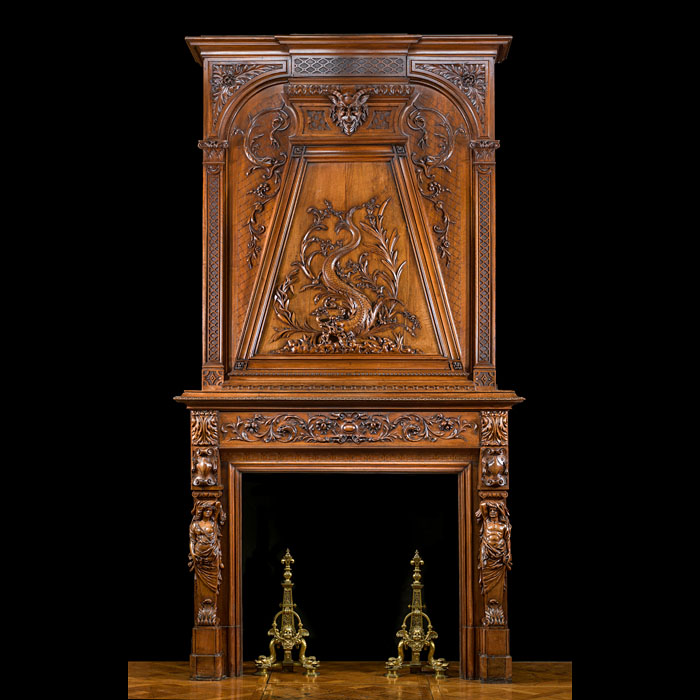  A tall French Carved Walnut Wood Trumeau Fireplace   