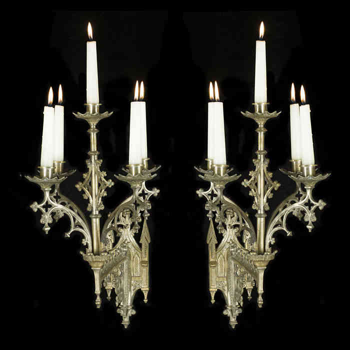 Pair of Silver Plated Pugin Style Wall Lights