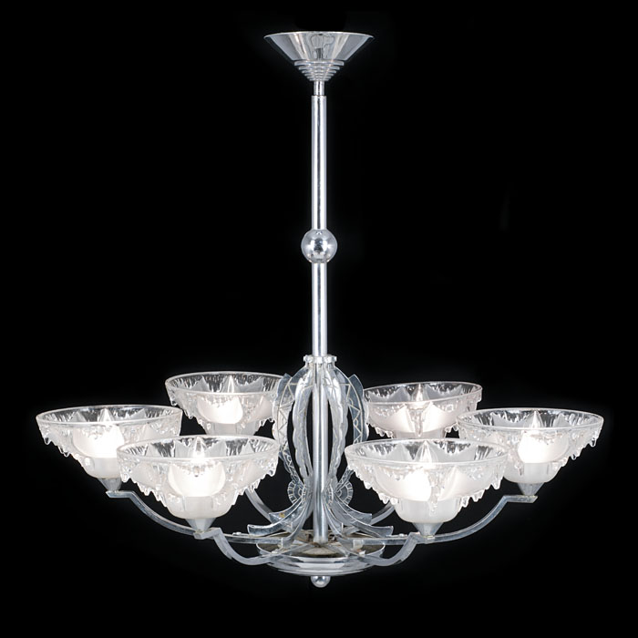 An Art Deco Chrome Plated Ceiling Light with glass Icicle Shades  	