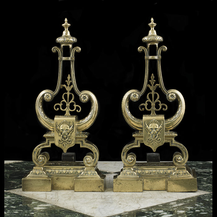 A Pair Of French Lyre Form Brass Chenets