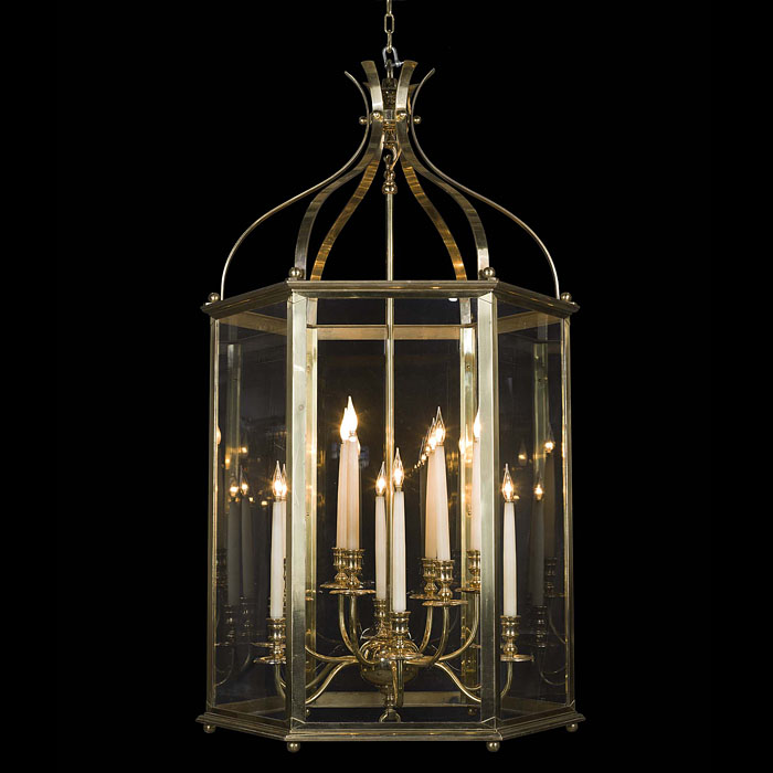 A very Large Hexagonal Polished Brass Hall Lantern