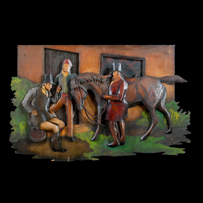 A large painted leather equestrian panel