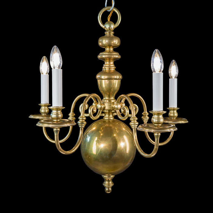 Antique Dutch Brass Five Branch Chandelier 