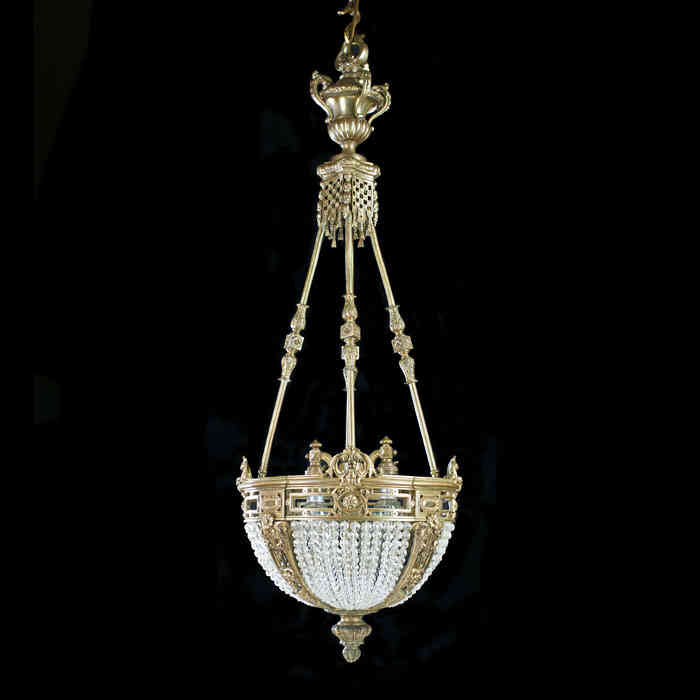 French Brass Crystal Beaded Chandelier 