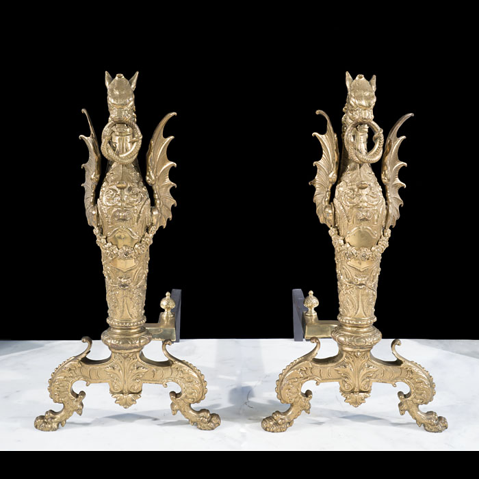 Ornate Pair of Large Ormolu Dragon Andirons 