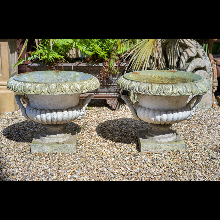 Pair of Cast Iron Rope-twist Handle Urns 