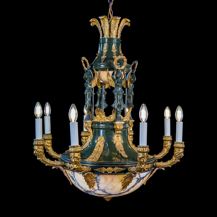 French Empire Style Chandelier in Ormolu, Bronze and Alabaster 