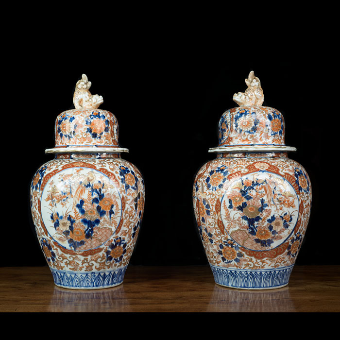 Large Pair of Imari Vases with Covers 