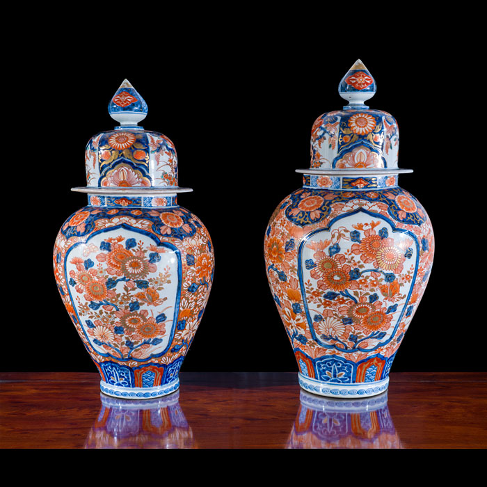  Pair of Large Floral Imari Vases and Covers 