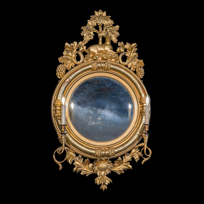 Convex Giltwood Mirror with Stag 