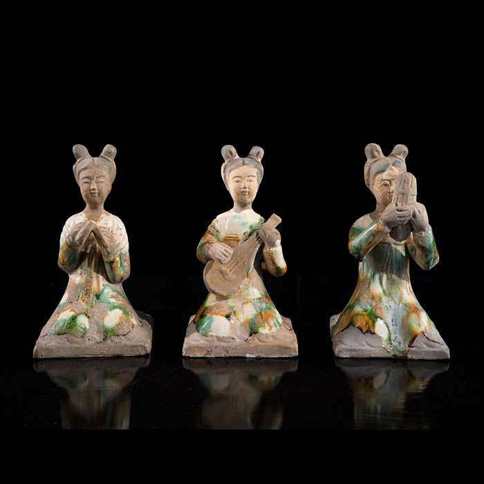 Set of Three Sancai Glazed Tang Dynasty Musicians, or Mingqi 
