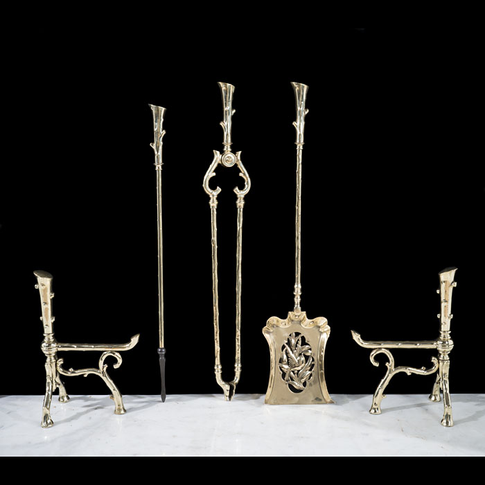 Aesthetic Movement Brass Naturalistic Fire Tools and Rests 
