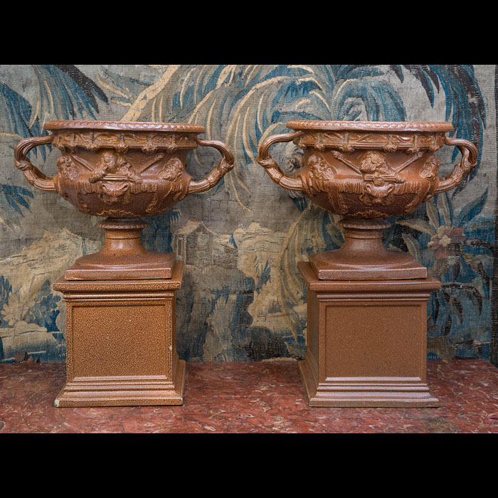 Pair of Salt Glaze Urns After the Warwick Vase 