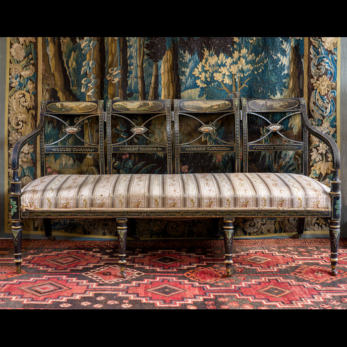 Antique Regency Period Hand-Painted Ebonised Four Seater Settee 