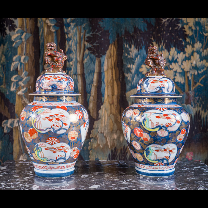 Pair of Finely Painted Meiji Period Imari Vases with Covers