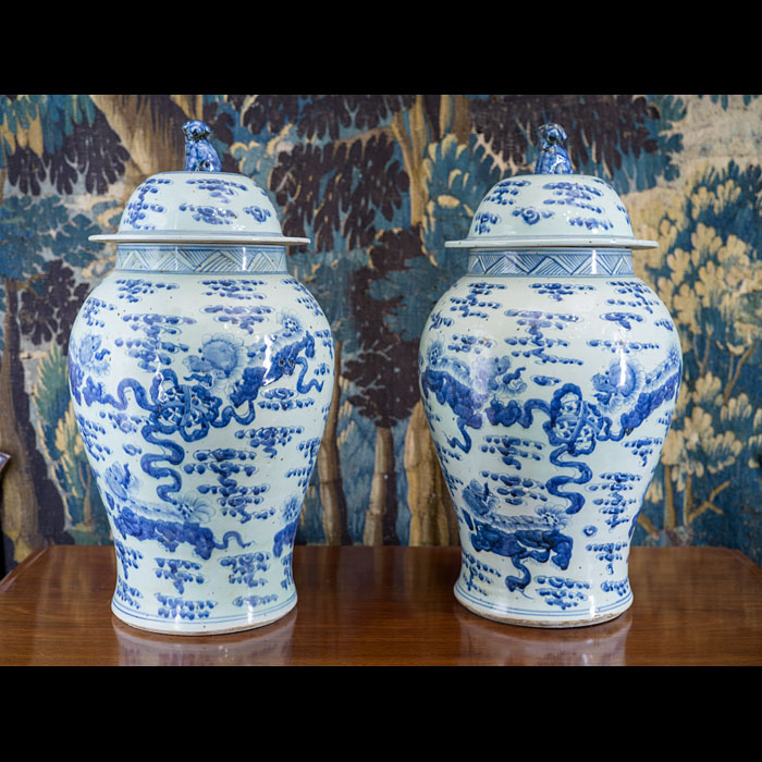 Antique Blue and White Chinese Qing Dynasty Nanking Temple Jars 