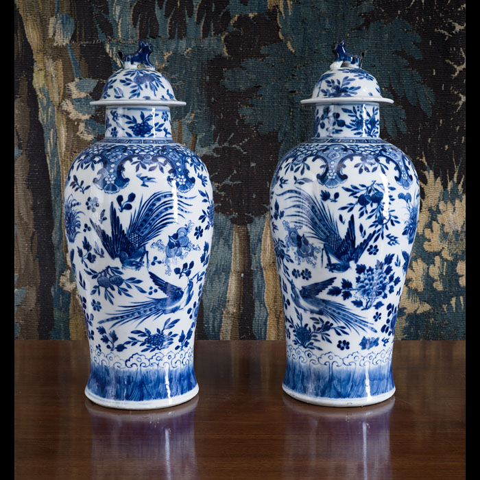 Pair of Fine Blue and White Porcelain Jars and Covers 
