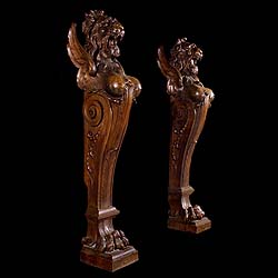 A Pair of Oak Mythical Winged Lion Terms