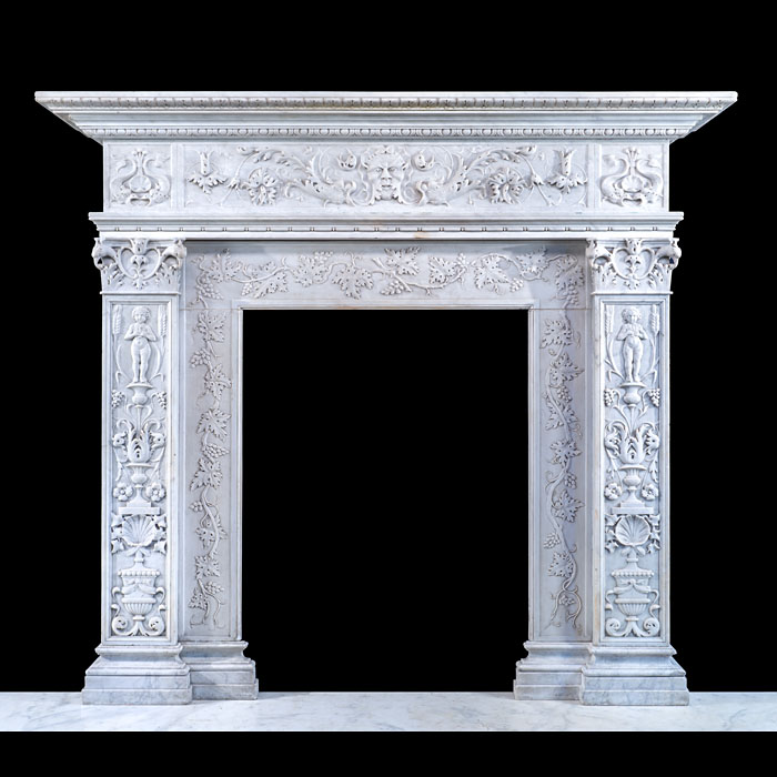 Fine and Large Renaissance Revival Fireplace in Carrara Marble 
