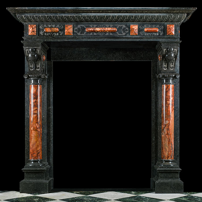 Antique Flemish Black Fossil Marble Renaissance style fireplace.
