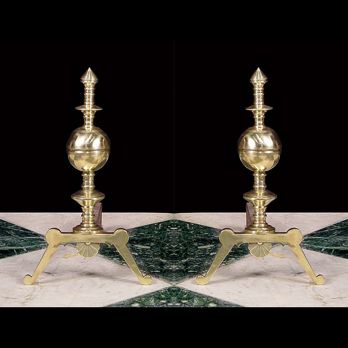 A Pair of Aesthetic Movement Brass Andirons 