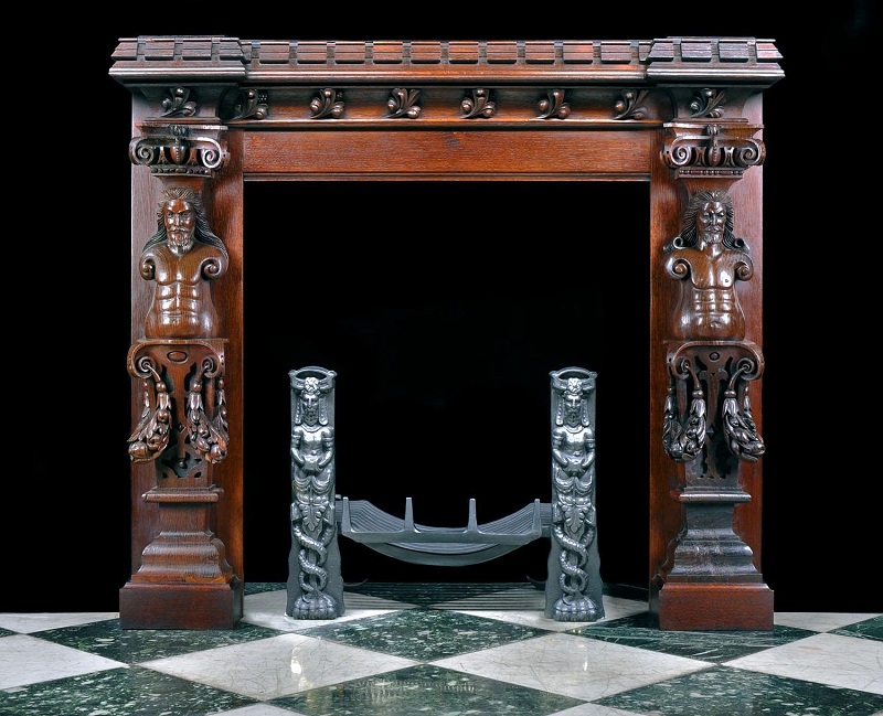 The Jacobean style gave us beautiful architecture and furniture like this antique fireplace.  